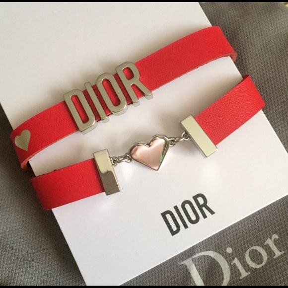 DIOR LUCKY RED LEATHER HEART LOGO BRACELET CHOKER - Picture 1 of 5